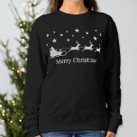 White Santa Sleigh and Deer & Merry Christmas Text Sweatshirt<br><div class="desc">Desteis festliche, weiße Silhouette-Design eines Weihnachtsmannes in einem Schlitten mit Rentieren, die ihn nach vorne ziehen. Über ihnen sind Sterne. Unter dem Bild befindet sich ein personalisierbarer Textbereich, der nun lautet: "Frohe Weihnachten". HINWEIS: Sie können die Farben des Designs auf jede andere Farbe ändern, wenn Sie möchten. Dieses Design ist...</div>