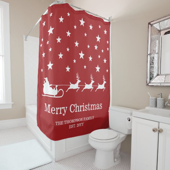 White Santa Sleigh und fröhlicher Weihnachtstext a Duschvorhang (Beispiel)