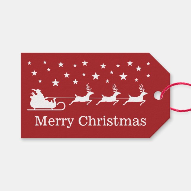 White Santa Sleigh und fröhlicher Weihnachtstext a Geschenkanhänger (Vorderseite (Horizontal))
