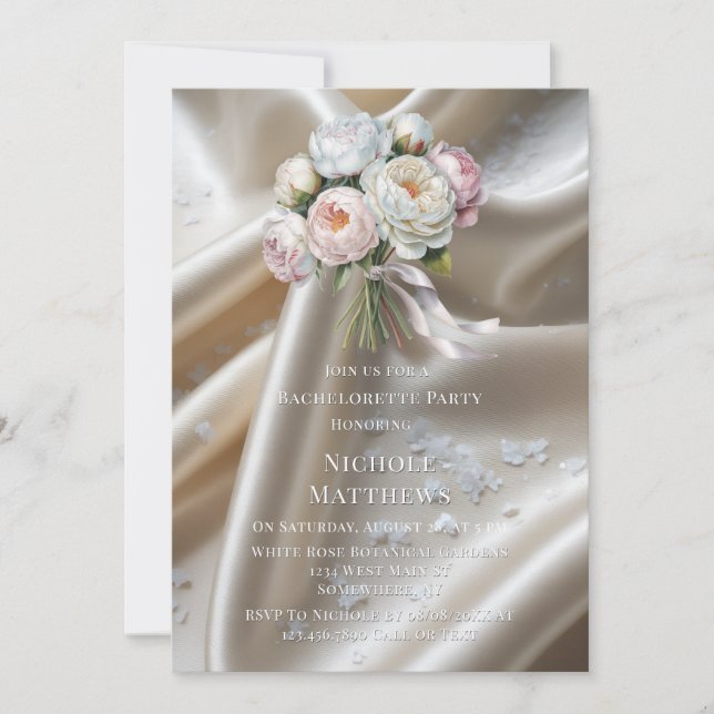White Satin Roses and Peony Bachelorette Party Einladung (Vorderseite)