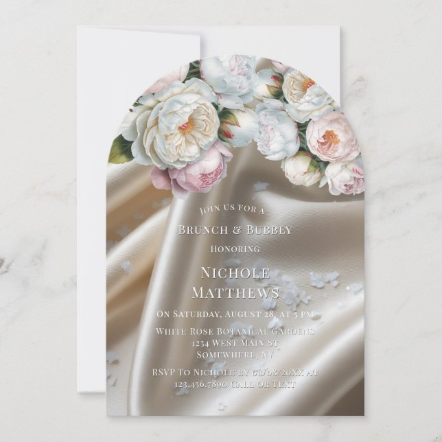 White Satin Roses and Peony Brunch & Bubbly Einladung (Vorderseite)