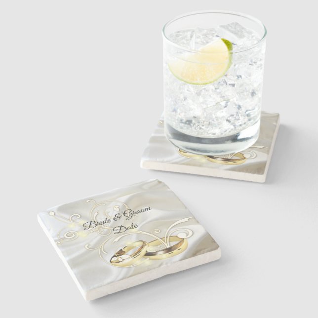 White Satin und Golddesign Hochzeit Steinuntersetzer (Seitenansicht)