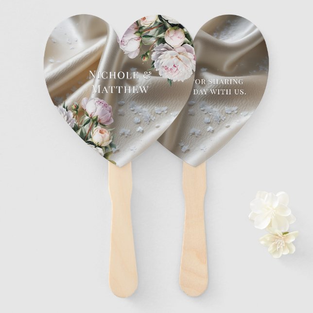 White Satin with Roses and Peony Wedding Fächer (Vorne und Hinten)