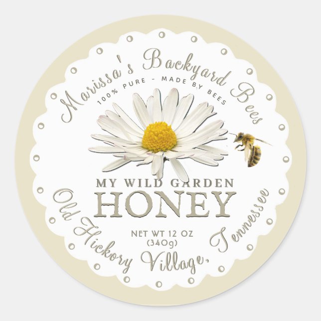 White Scallop Backyard Bee Daisy Honey Label Runder Aufkleber (Vorderseite)