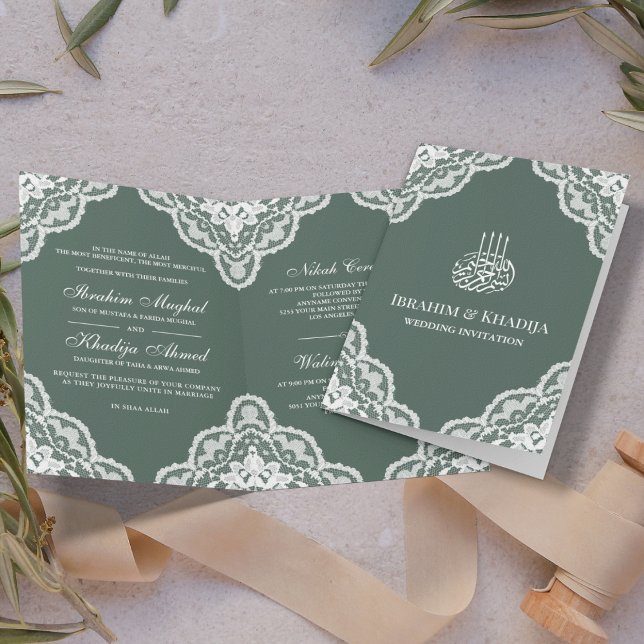 White Scalloped Lace Green Muslim Hochzeit Foto Einladung (Von Creator hochgeladen)