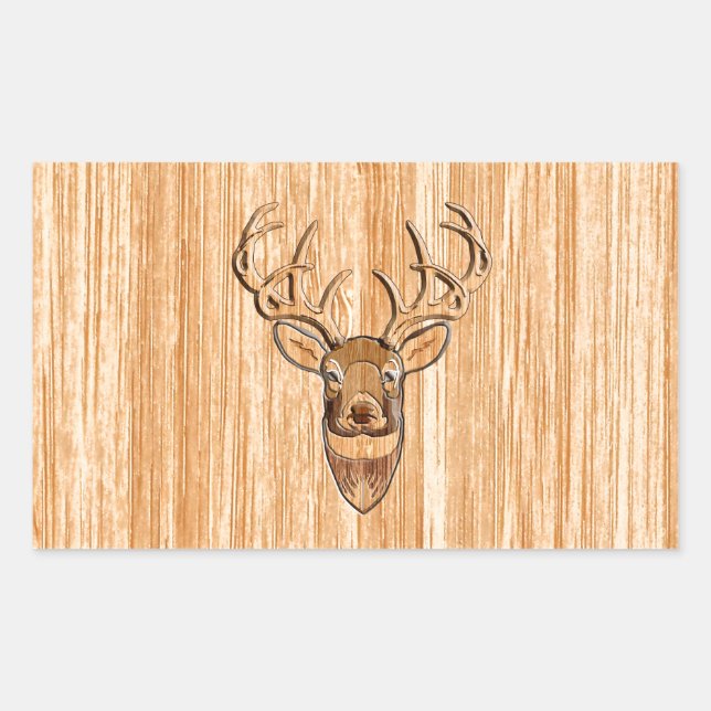 White Schwanz Buck Deer Head Holzkörner Style Rechteckiger Aufkleber (Vorderseite)