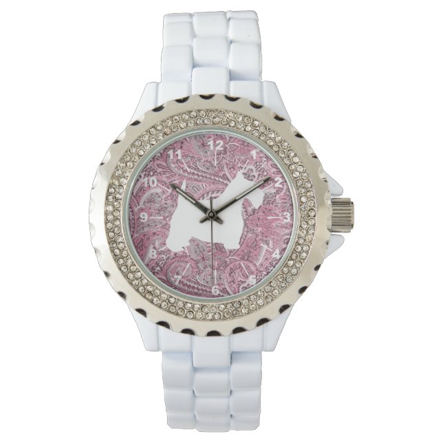 White Scottie Pink Paisley Print Armbanduhr (Vorderseite)