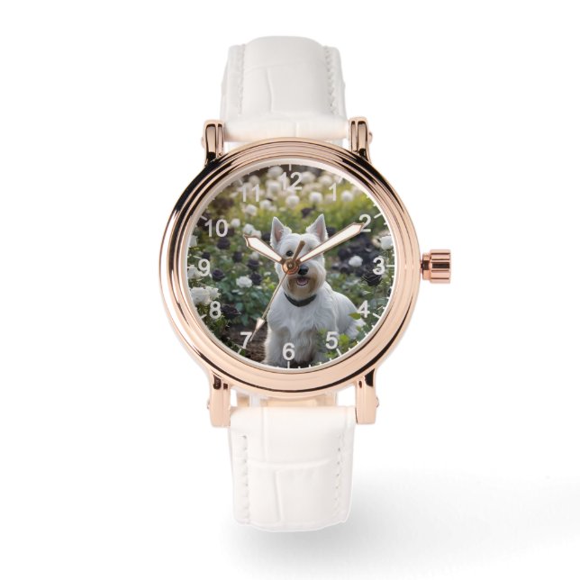 White Scottish Terrier mit Schwarz-weißen Rose, Armbanduhr (Vorderseite)