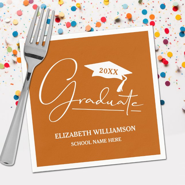 White Script Graduation Cap Burnt Orange Serviette (Your name, class year and "Graduate" in a cool script on burnt orange school color party napkins)