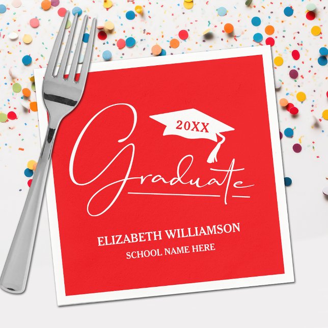 White Script Graduation Cap Red Serviette (Your name, class year and "Graduate" in a cool script on red school color party napkins)