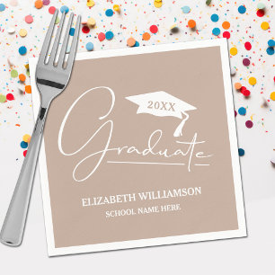 White Script Graduation Cap Taupe Serviette