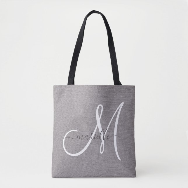 White Script Monogram Grau Linen Tasche (Vorderseite)