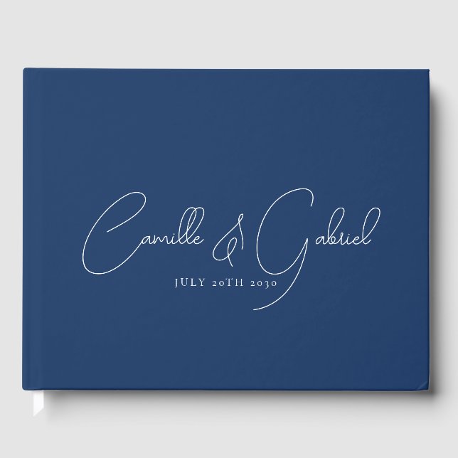 White Script Names Wedding Navy Blue Gästebuch (Vorderseite)
