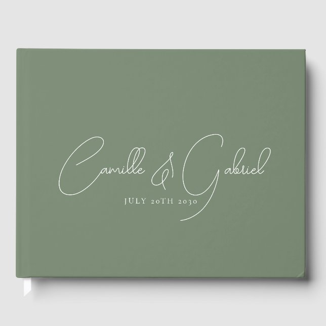 White Script Names Wedding Sage Green Gästebuch (Vorderseite)