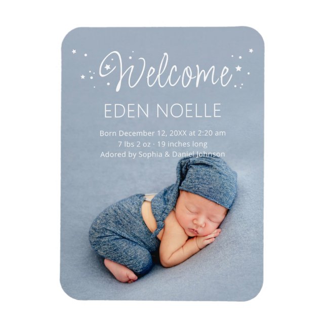White Script Stardust Birth Announcement Foto Magnet (Vertikal)