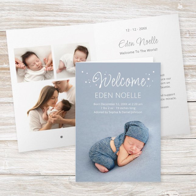 White Script Stars Kinderankündigung Faltkarte Einladung (Modern, elegant white calligraphy "Welcome" with stars birth announcement folded photo collage card.)