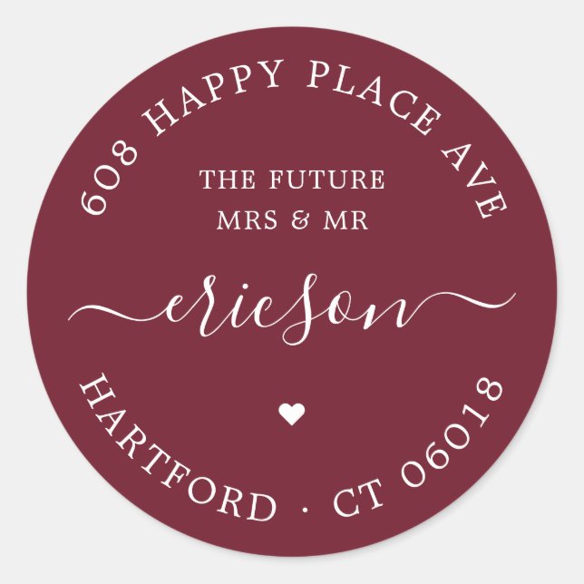White Script The Future Wedding Rücksendeadresse Runder Aufkleber (Vorderseite)