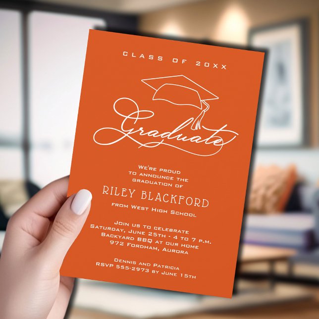 White Script und Grad Cap Orange Abschluss Ankündigung (Orange graduation announcement cards feature your details in chic white lettering.)