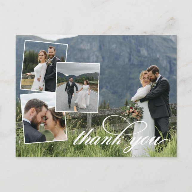 White Script Vielen Dank Hochzeit Foto Collage Ann Ankündigungspostkarte (Vorderseite)