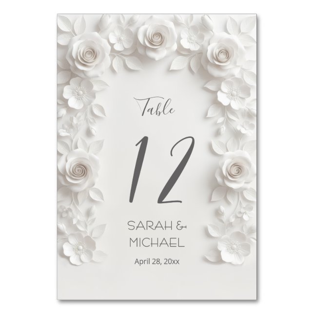 White Sculptured Flowers Arch Wedding   Tischnummer (Vorderseite)
