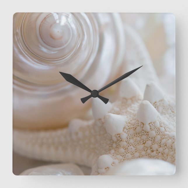 White Seashells Starfish Tropical Beach Sea Shells Quadratische Wanduhr (Vorderseite)