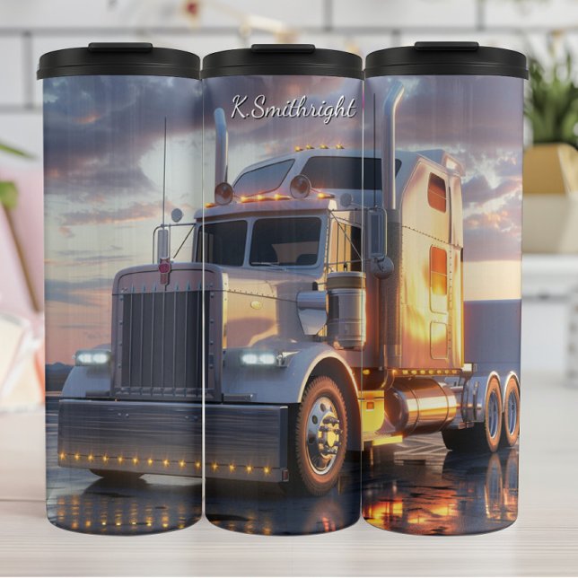 White Semi Truck Goldene Stunde Thermosbecher (Von Creator hochgeladen)