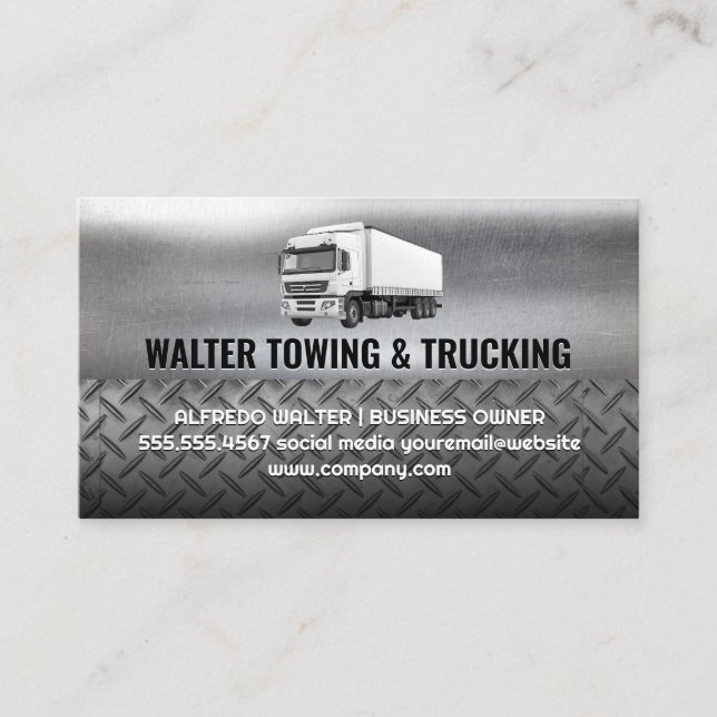 White Semi Truck Moving Logo | Steel Metallic Visitenkarte (Vorderseite)