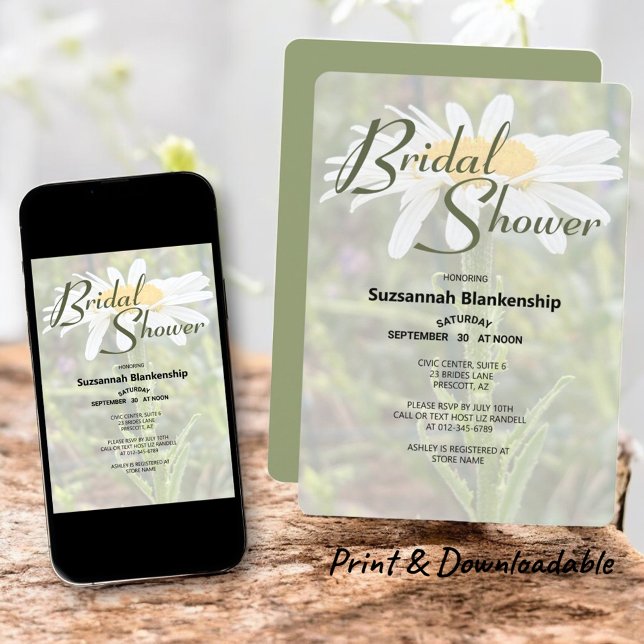White Shasta Daisy Foto Brautparty Einladung (print and downloadable template invitation)