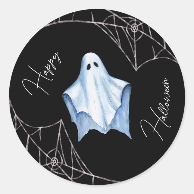 White Sheet Ghost & Cobwebs Schwarzes Halloween Go Runder Aufkleber (Vorderseite)