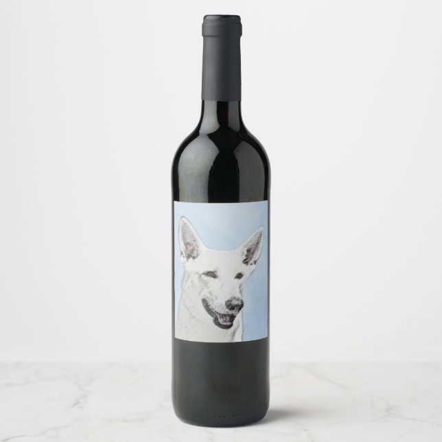 White Shepherainting - Niedliche Original Hunde Ku Weinetikett (Vorderseite)