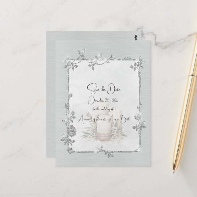 White Shiny Elegant Sparkly Save the Date Postkarte (Vorderseite/Rückseite Beispiel)