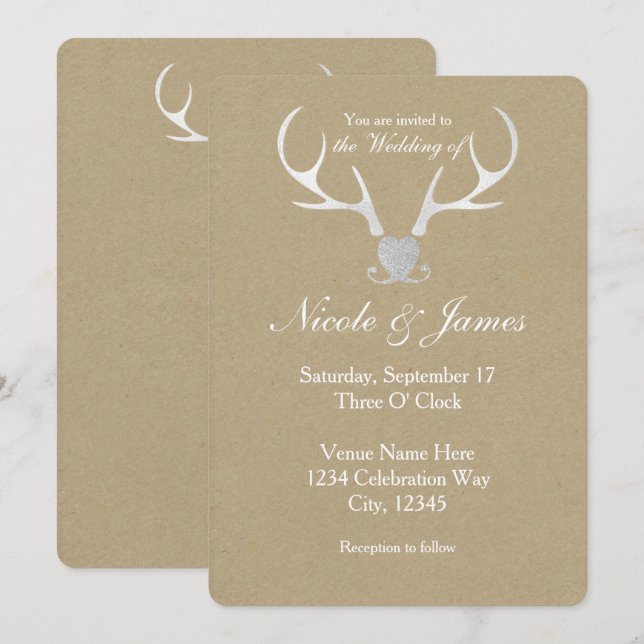 White Silver Antlers & Brown Wedding Einladungen (Vorne/Hinten)