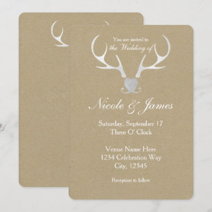 White Silver Antlers & Brown Wedding Einladungen