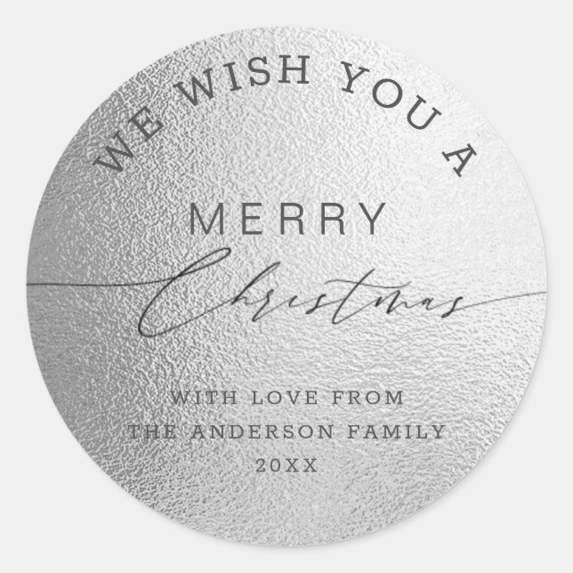 White Silver Foil Chic Skript Frohe Weihnachten Runder Aufkleber (Vorderseite)