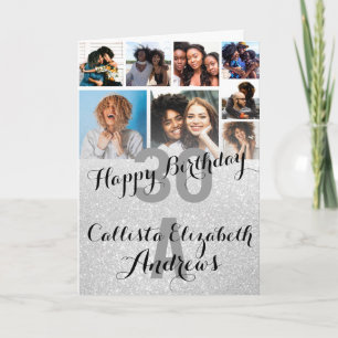 White Silver Glitter Photo Collage Happy Birthday Karte