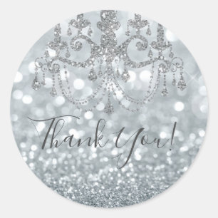 White Silver Glitzer Bokeh Glam Chandelier Party Runder Aufkleber