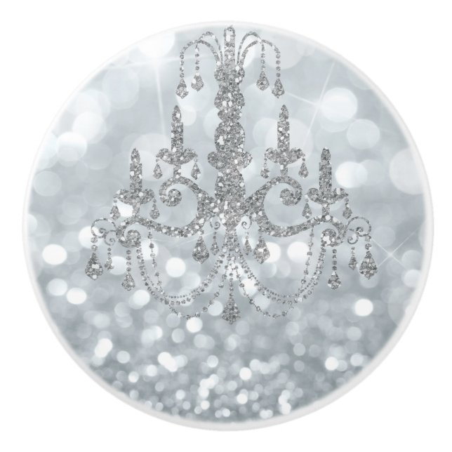 White Silver Glitzer Bokeh Glam Chandelier Sparkle Keramikknauf (Vorderseite)