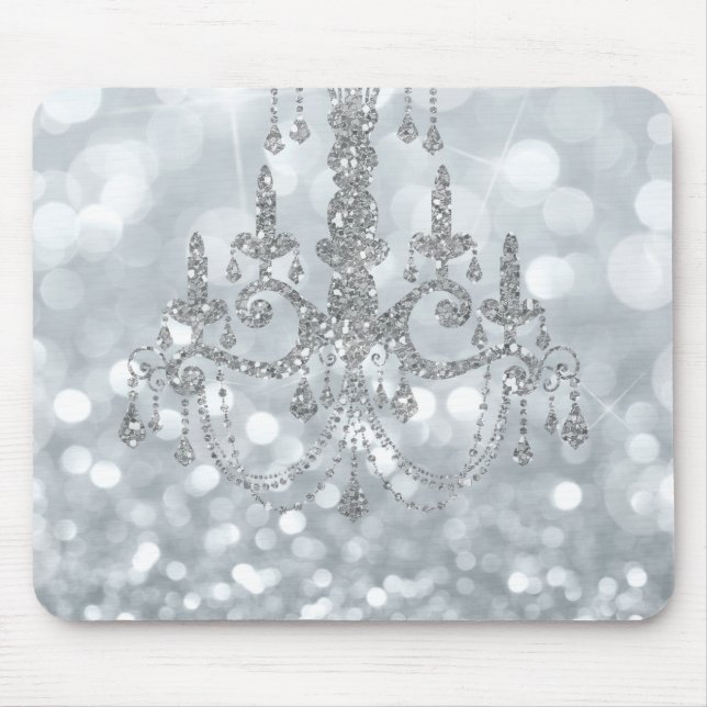 White Silver Glitzer Bokeh Glam Chandelier Sparkle Mousepad (Vorne)