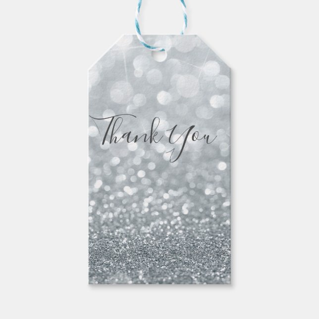 White Silver Glitzer Bokeh Glam Sweet 16 Party Geschenkanhänger (Vorderseite)