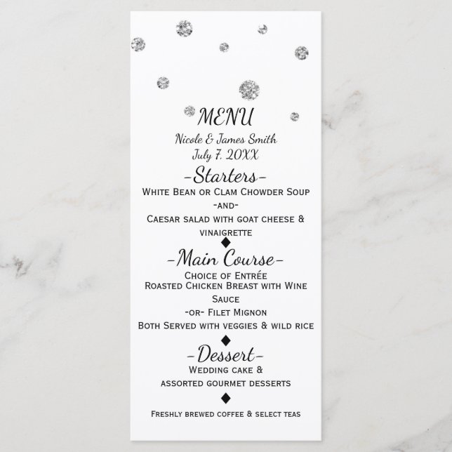 White & Silver Glitzer Dots Modernes Hochzeitsmenü Menükarte (Vorderseite)