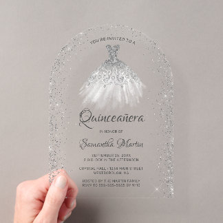 White Silver Glitzer Dress Quinceañera Party Acryleinladungen