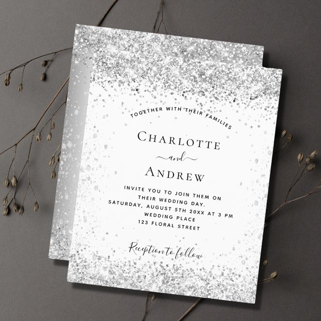 White Silver Glitzer Einladung zur Hochzeit Flyer (Von Creator hochgeladen)