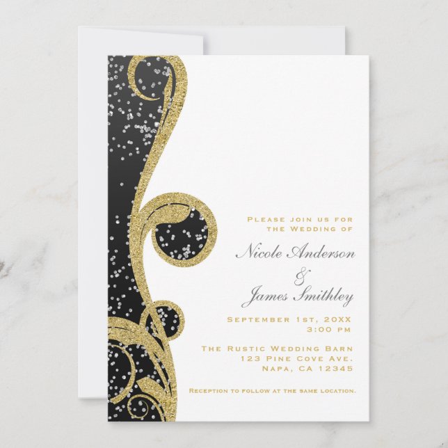 White Silver Gold Black Elegante Swirl Wedding Einladung (Vorderseite)