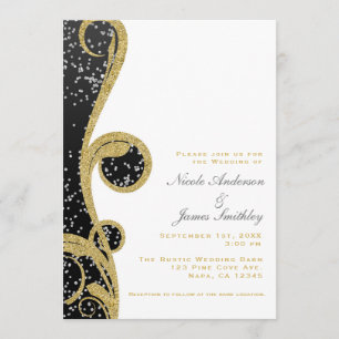 White Silver Gold Black Elegante Swirl Wedding Einladung