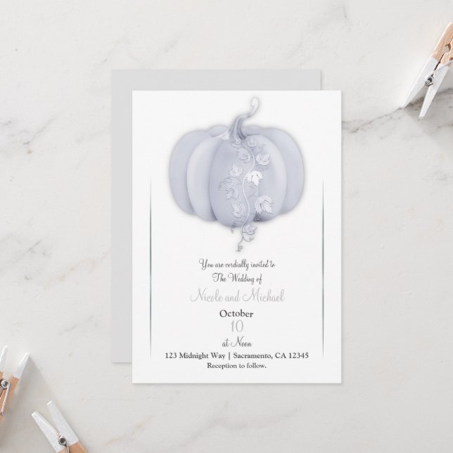 White Silver Pumpkin Storybook Chic Hochzeit im He Einladung (Vorderseite/Rückseite Beispiel)