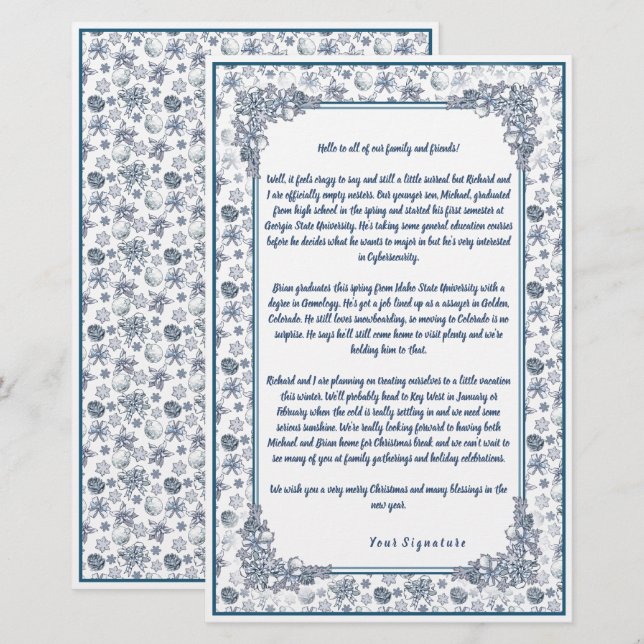 White Silver Weihnachts-Familie Newsletter Ihr Tex Briefpapier (Vorne/Hinten)