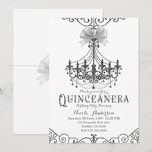 White & Silver White Bow Chic Quinceañera 15 15. Einladung (Vorne/Hinten)