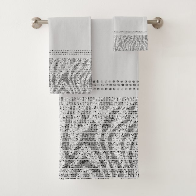 White Silver Zebra Wild Animal Print Exotic Glam Badhandtuch Set (Insitu)