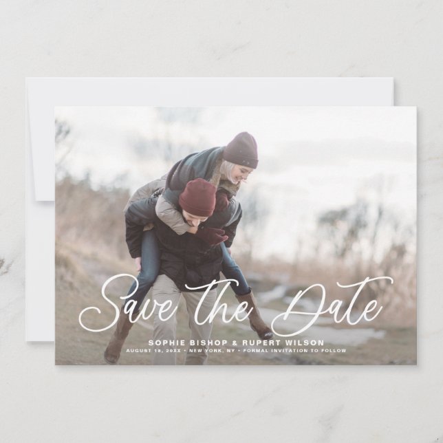 White Simple Calligraphy Foto Save The Date (Vorderseite)