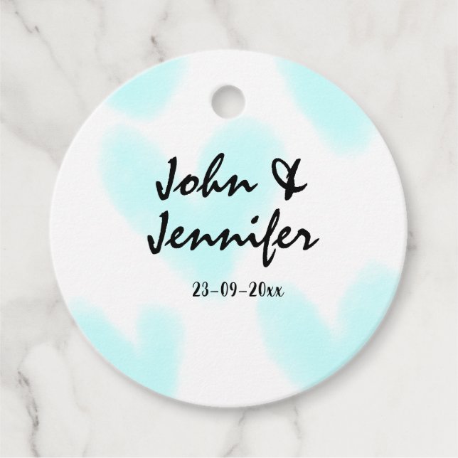 white simple minimal text style wedding blue heart geschenkanhänger (Vorderseite)